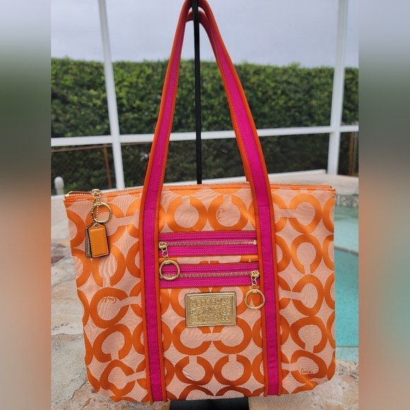 Coach Handbags - Coach Persimmon And Magenta Poppy Tote Bag